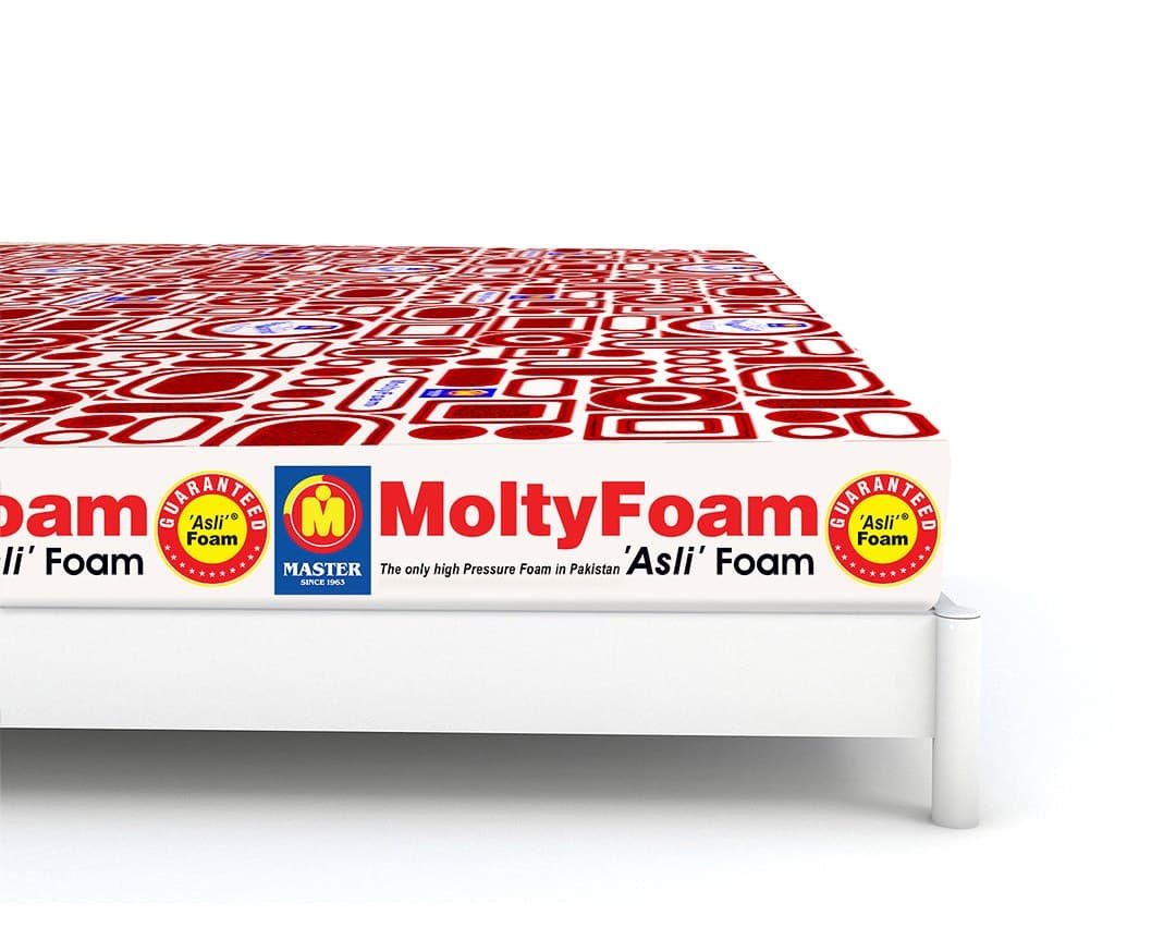 A MoltyFoam Asli Foam mattress in its red signature cover on a white bed frame
