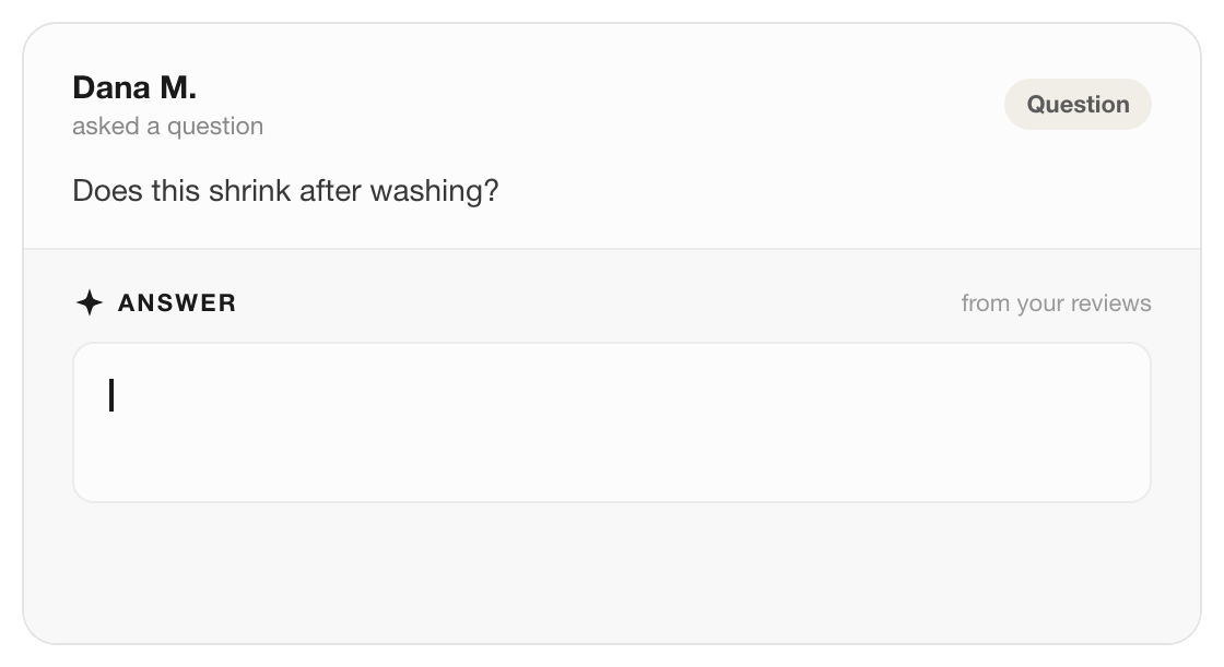 QI Answer draft animation: a shopper 'Dana M.' asks 'Does this shrink after washing?' QI drafts the answer from prior reviews: 'Not at all. Reviewers consistently say it keeps its shape and color after many washes. To be safe, a few machine wash cold and lay it flat to dry.' with Publish, Edit, and Regenerate buttons.