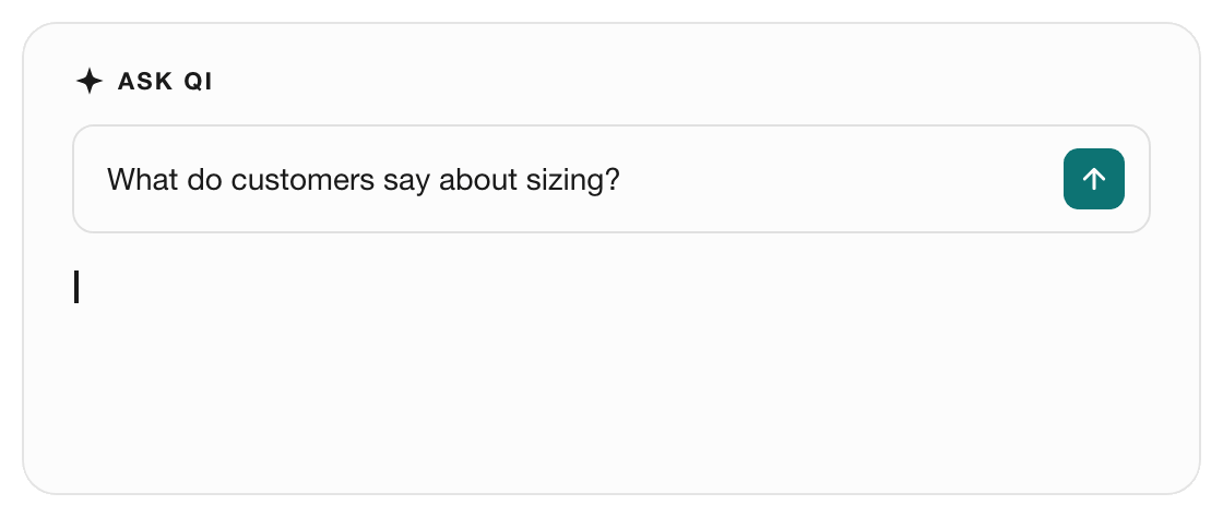 Ask QI panel animation: a user types 'What do customers say about sizing?' and QI responds: 'Most customers say it runs a little small, especially the linen styles. 38 reviews mention sizing up, and fit is the top theme overall. Based on 38 reviews.'