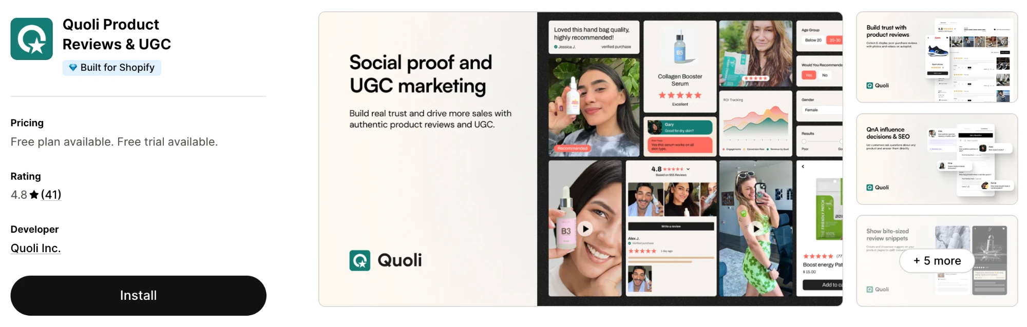 Quoli Product Reviews & UGC listing on the Shopify App Store, showing the Built for Shopify badge, 4.8 star rating across 41 reviews, and the Social proof and UGC marketing hero banner.