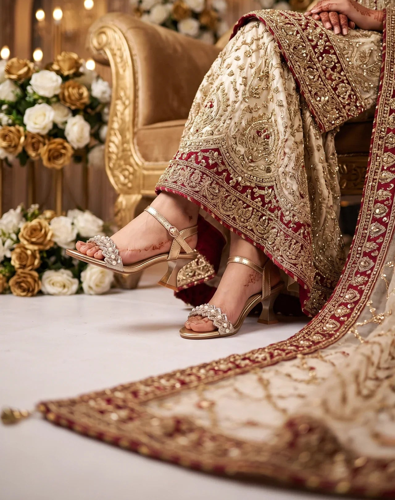 Silver bridal sandals under an embroidered gown beside white and gold roses