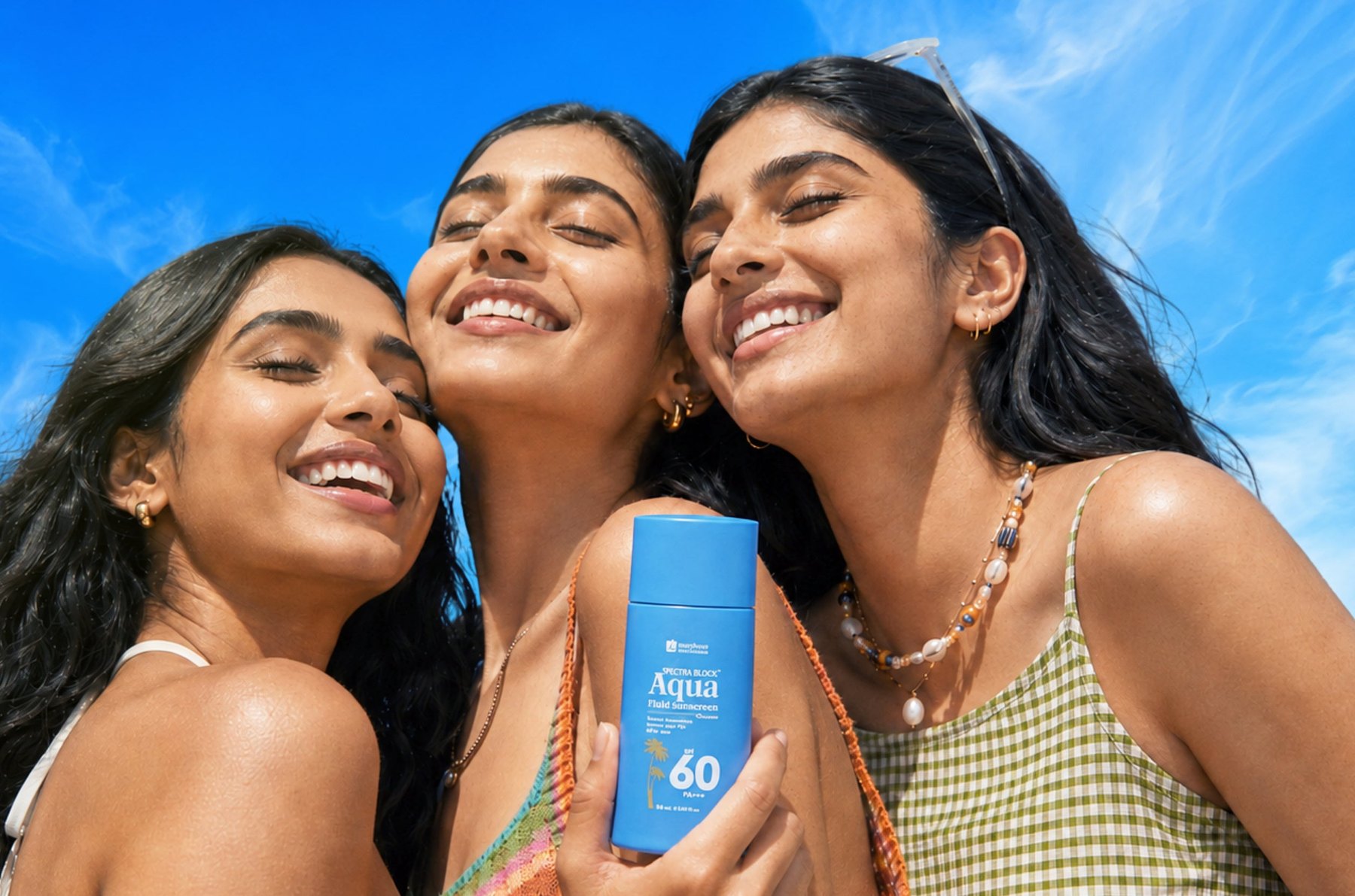 Three women smiling in the sun with a bottle of Jenpharm Spectra Block Aqua SPF 60 sunscreen
