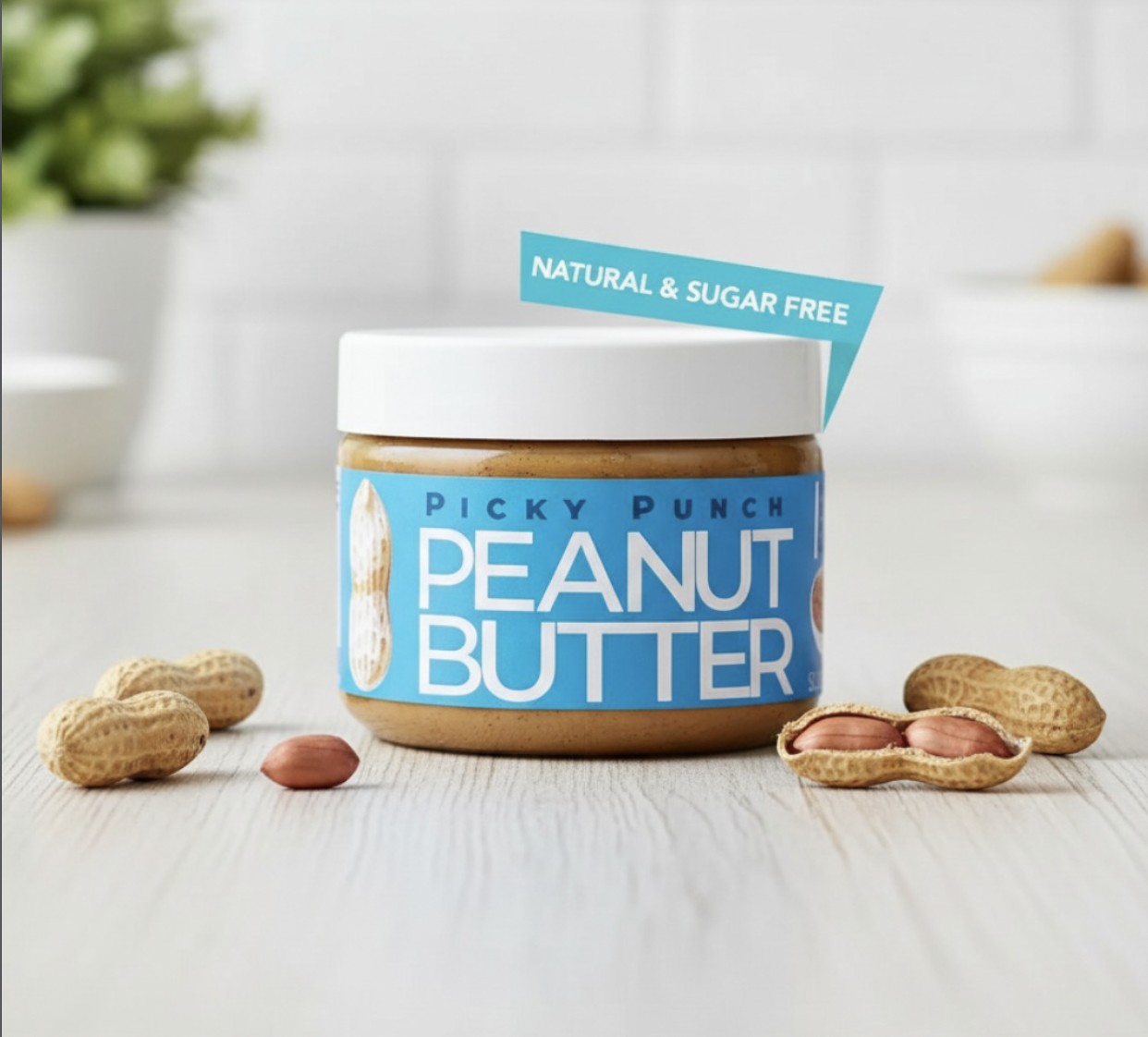 A jar of Picky Punch sugar-free peanut butter with peanuts on a kitchen counter
