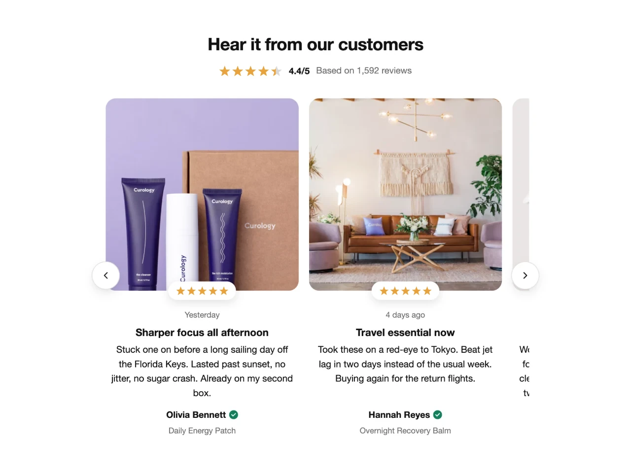 Photo review cards with a star badge over each photo