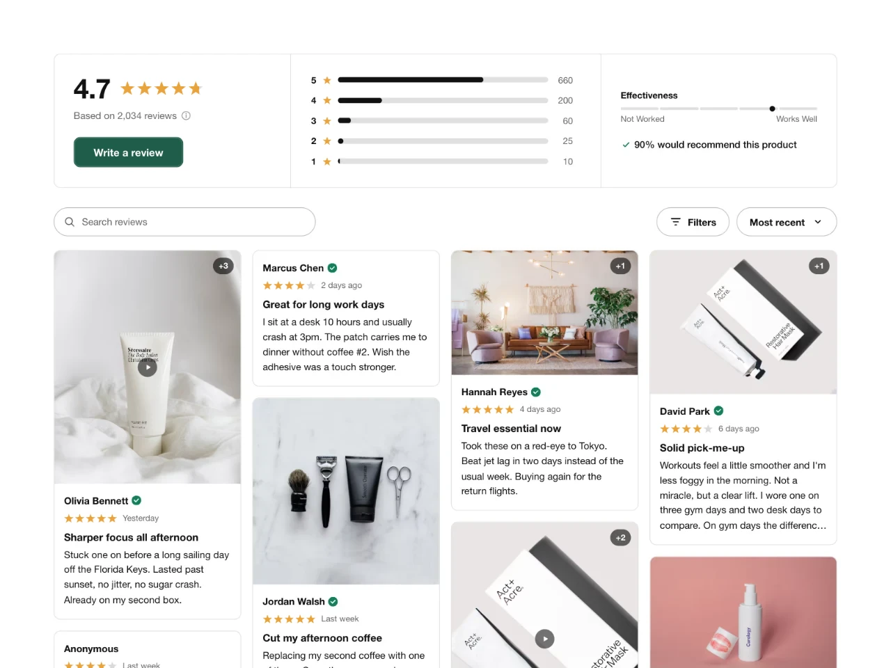 A grid of photo and text reviews