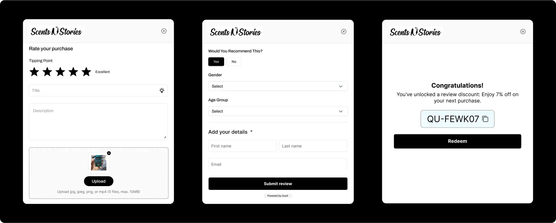 Scents N Stories' review submission process includes a rating form for the Tipping Point fragrance, detailed feedback fields, and options to upload photos or videos. Customers are incentivized with a 7% discount code upon submitting their review.