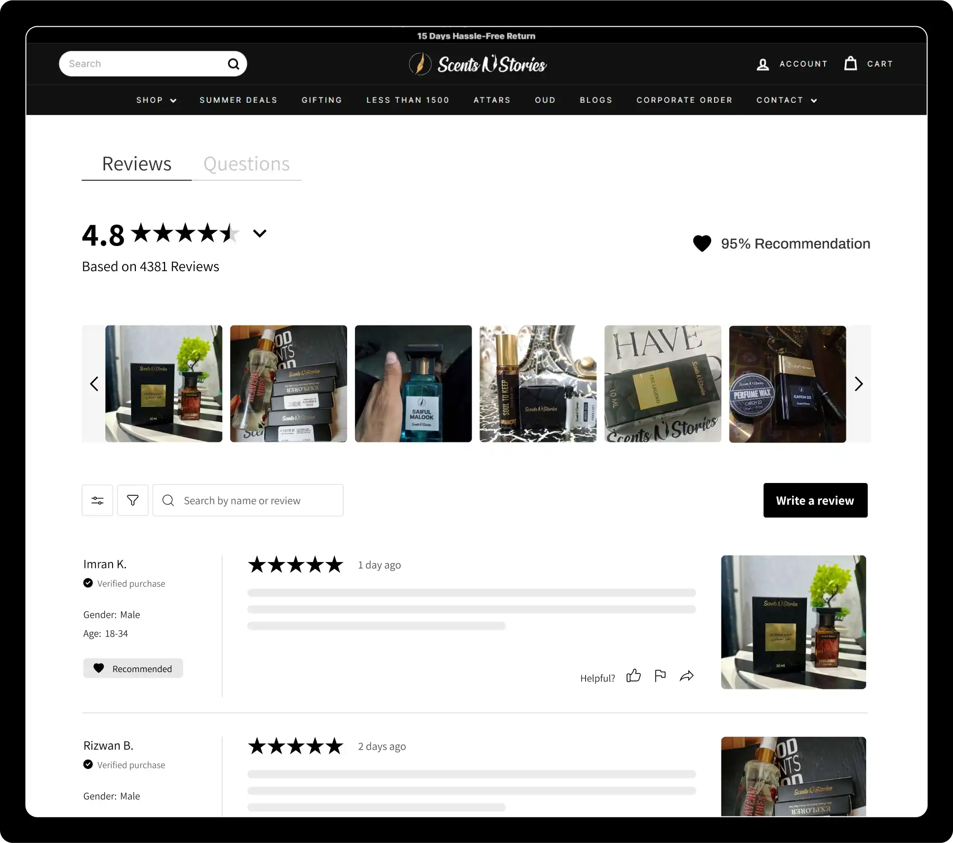 Scents N Stories' product page showcasing a 4.8-star rating based on 4381 verified reviews, with a 95% recommendation rate. The page features user-generated photos and detailed customer reviews, enhancing trust and transparency for shoppers.